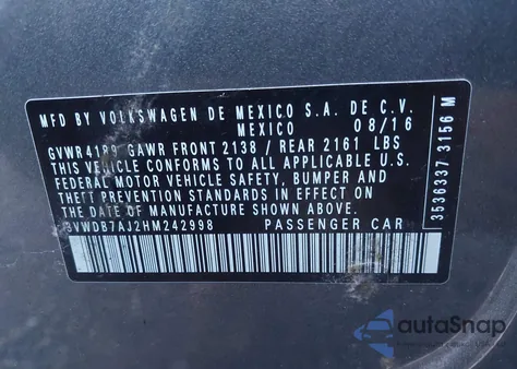 2017 Volkswagen Jetta 1.4T Se z USA, uszkodzony, nr VIN 3VWDB7AJ2HM242998